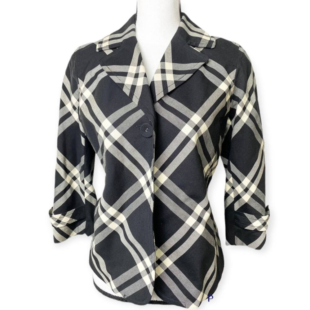 Talbots Blazer Jacket Women 4P Black Gray White Button 3/4 Sleeve